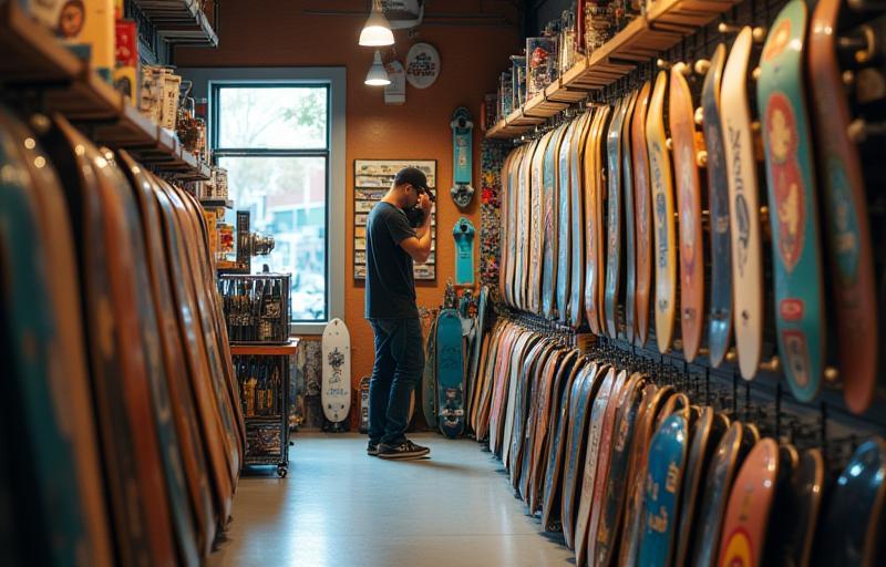 Person looking at skateboards in a shop