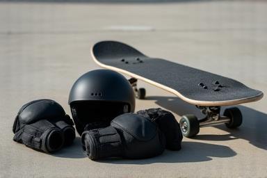Image showing a helmet and pads next to a skateboard