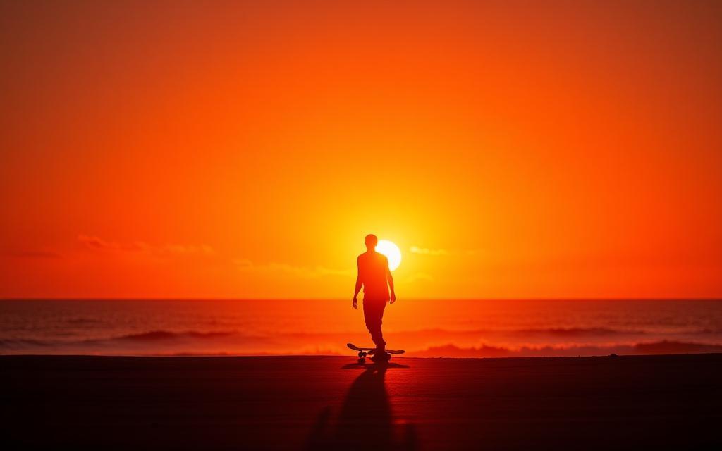 Skater riding board during sunset in Santa Monica