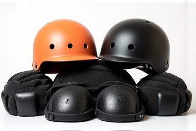 Stack of skateboard helmets and pads