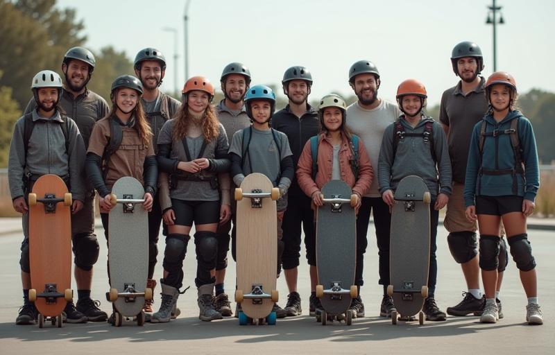Diverse group of skaters wearing helmets and pads