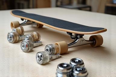 Various skateboard parts laid out on a workbench