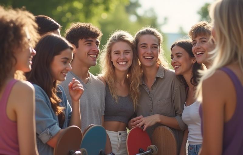 Group of diverse skaters hanging out and smiling
